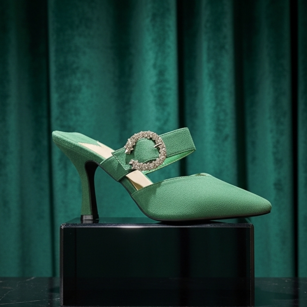 Green Pointed-Toe Slip-On Mule with Crystal Buckle